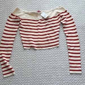 STAUD Float Red and Cream Striped Off-Shoulder Crop Top